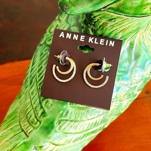 Anne Klein Gold Tone Small Pavé Double Row Hoop Earrings 0.75" Crystals Jewelry
